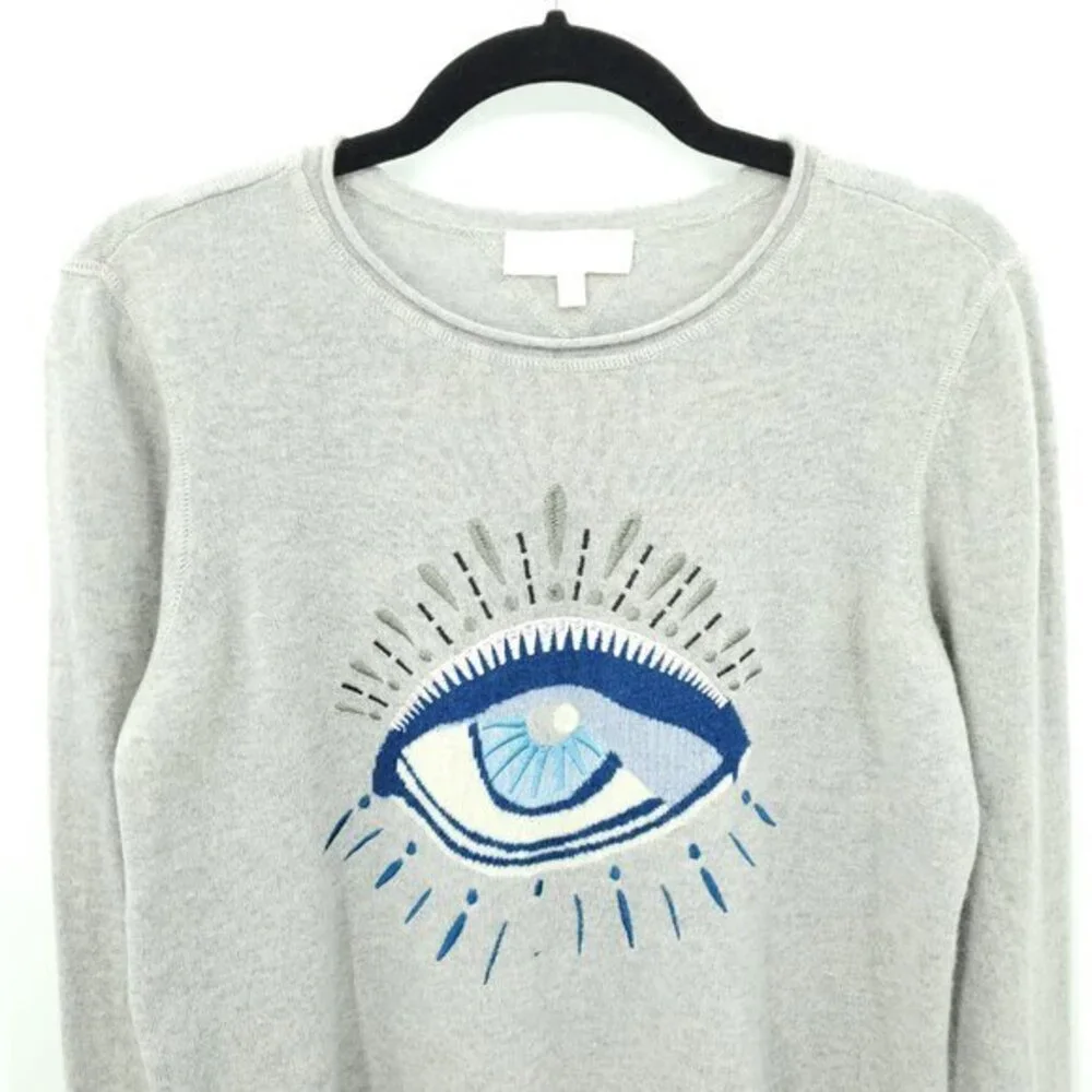 Lisa Todd 100% Cashmere Embroidered Evil Eye Rolled Hem Sweater M Gray/Blue